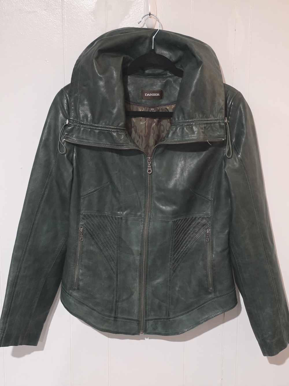 Stunning Soft Danier Women's Leather Moto Jacket With High Collar, Forest Green